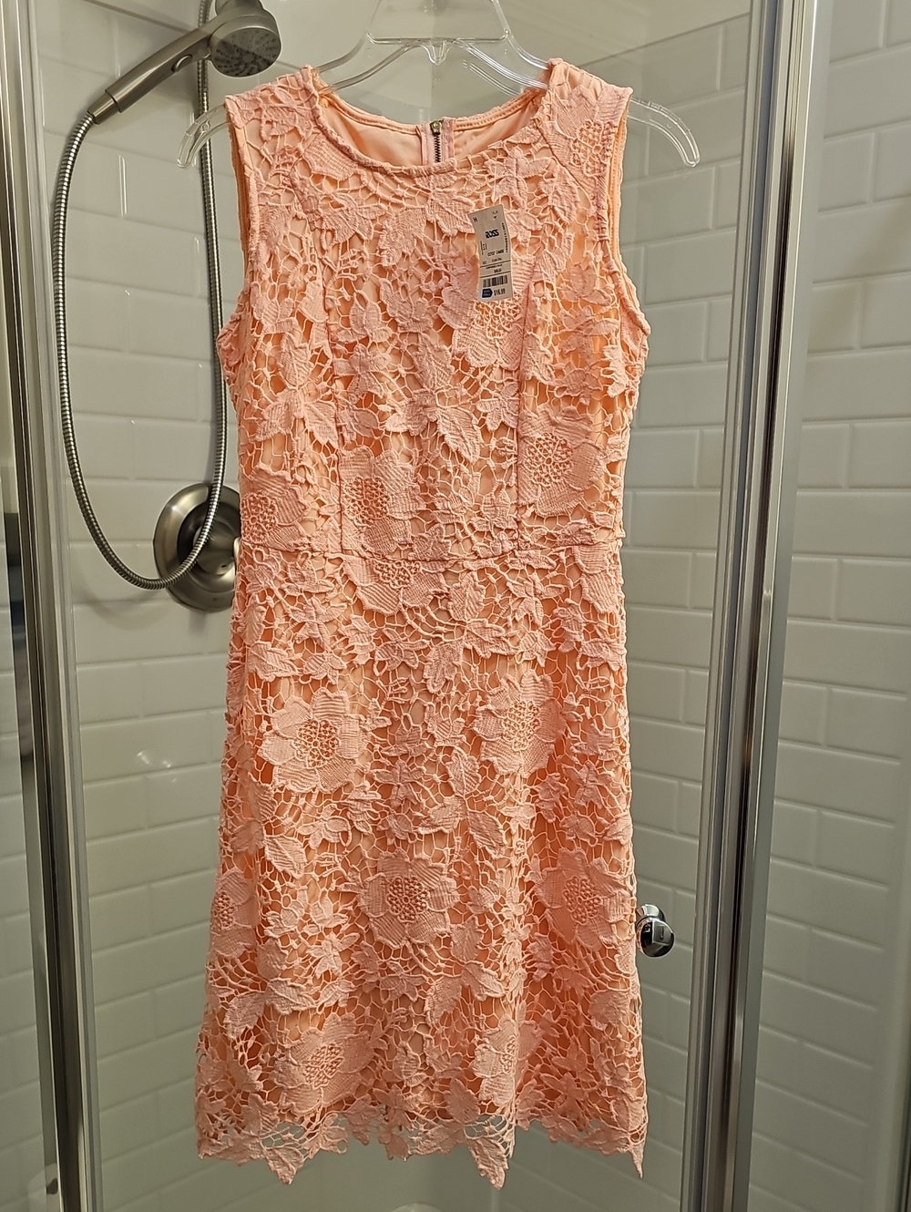 Ryan Michelle Women's Sleeveless Peach Lace Dress - Elegant Floral Overlay. NWT.